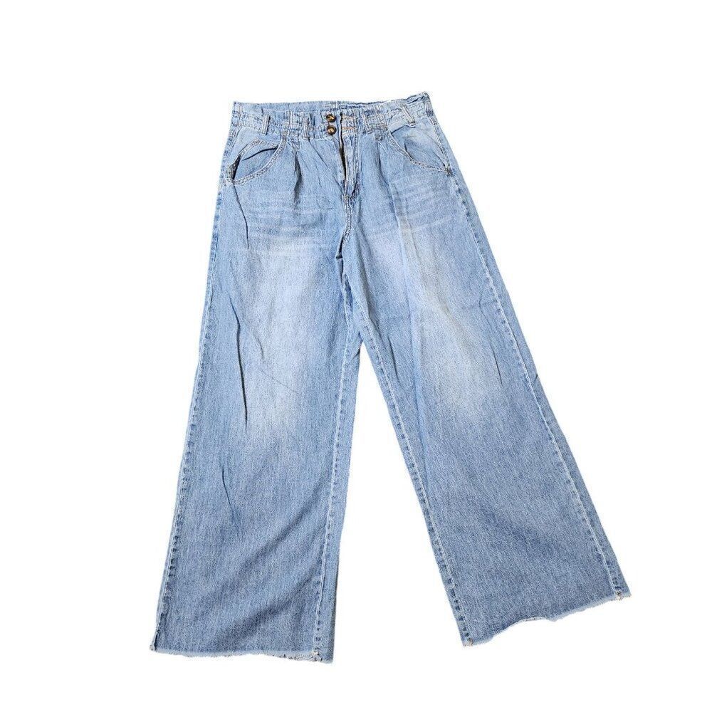 One 5 One Wide Legged Elastic Waist Distressed Denim Jeans Womens 14 Blue